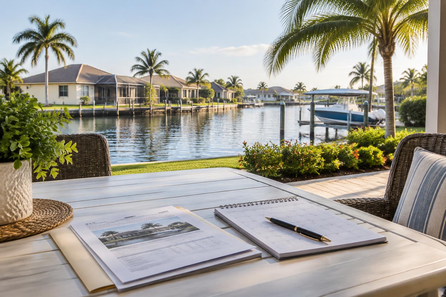 Florida property documents and calendar overlooking a Cape Coral canal