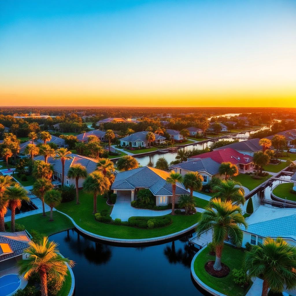 Aerial golden hour view of an established Cape Coral waterfront neighborhood