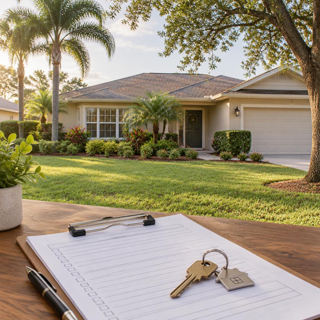 Well-kept established Florida home with inspection documents and a house key on a clipboard