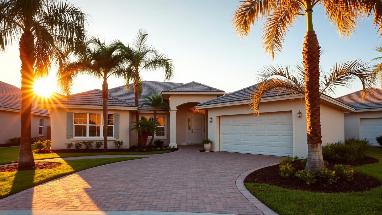 Cape Coral single-family home exterior at golden hour with palm trees and a paver driveway