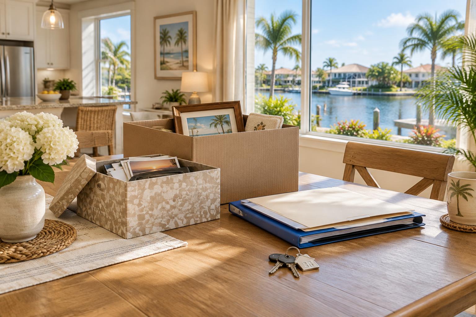 Keepsake boxes, home documents, and house keys in a Cape Coral waterfront home