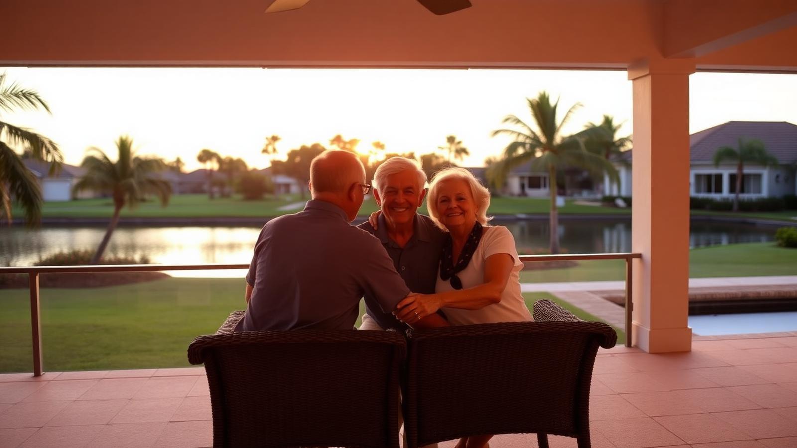 Mature couple relaxing on a Cape Coral lanai overlooking a canal at golden hour