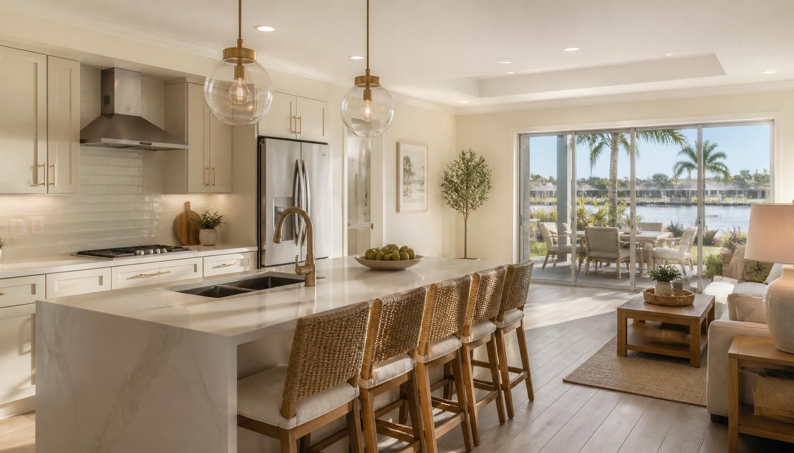 Bright, updated Cape Coral kitchen opening onto a palm-lined lanai and canal view