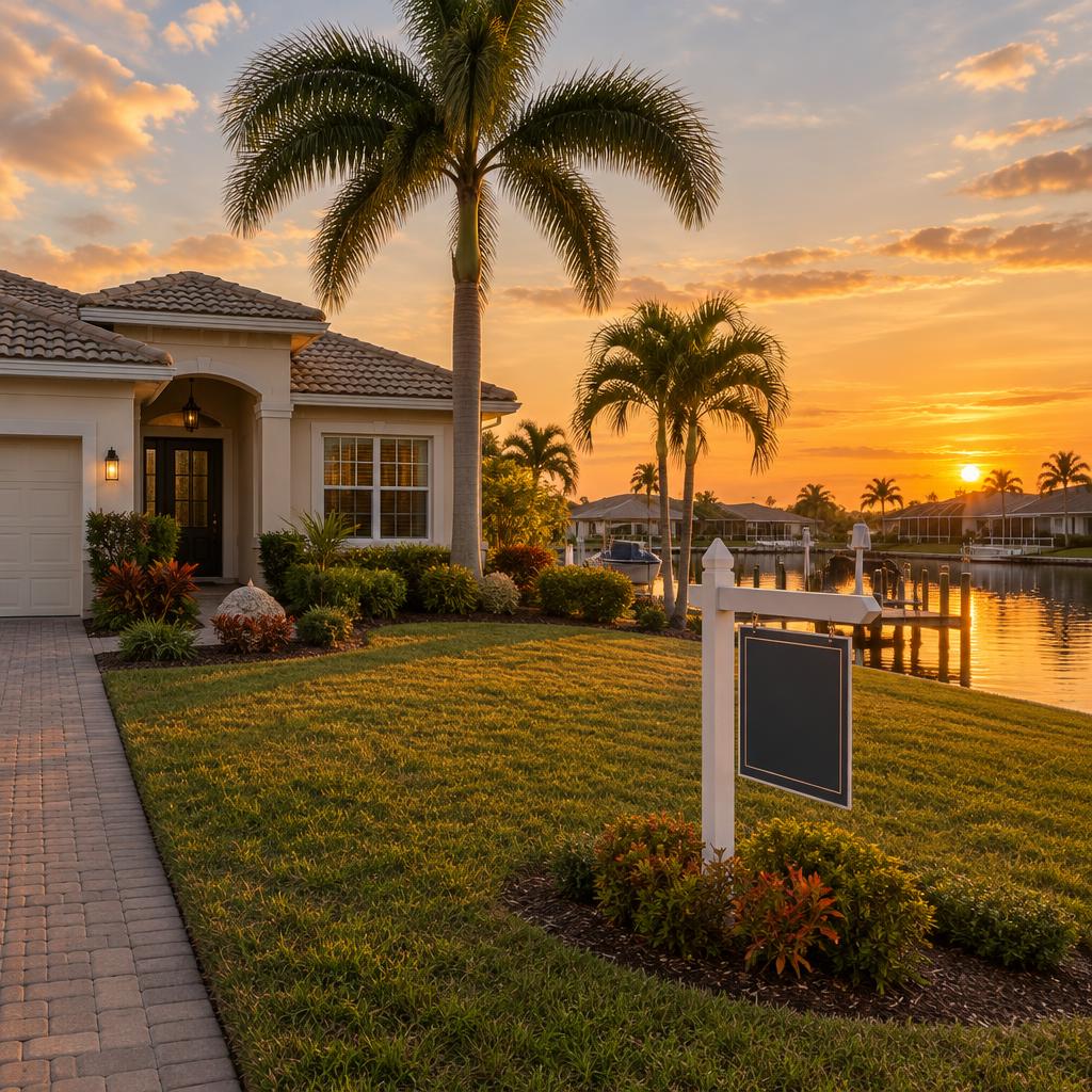 Cape Coral home with a for-sale sign at autumn dusk beside a calm canal