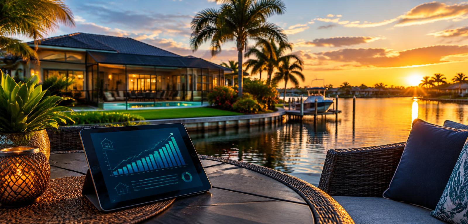 Cape Coral waterfront home at golden hour with a market data tablet on a lanai table