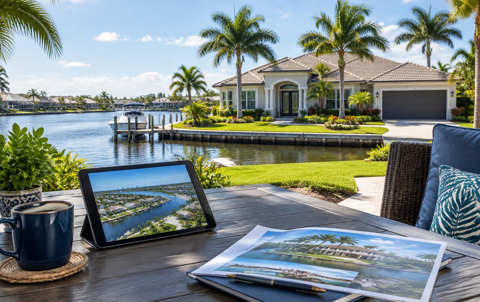Cape Coral waterfront home with local market analysis materials on a lanai table