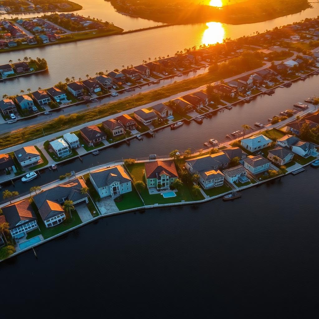 Aerial view of Cape Coral waterfront homes at sunset illustrating May 2026 market report