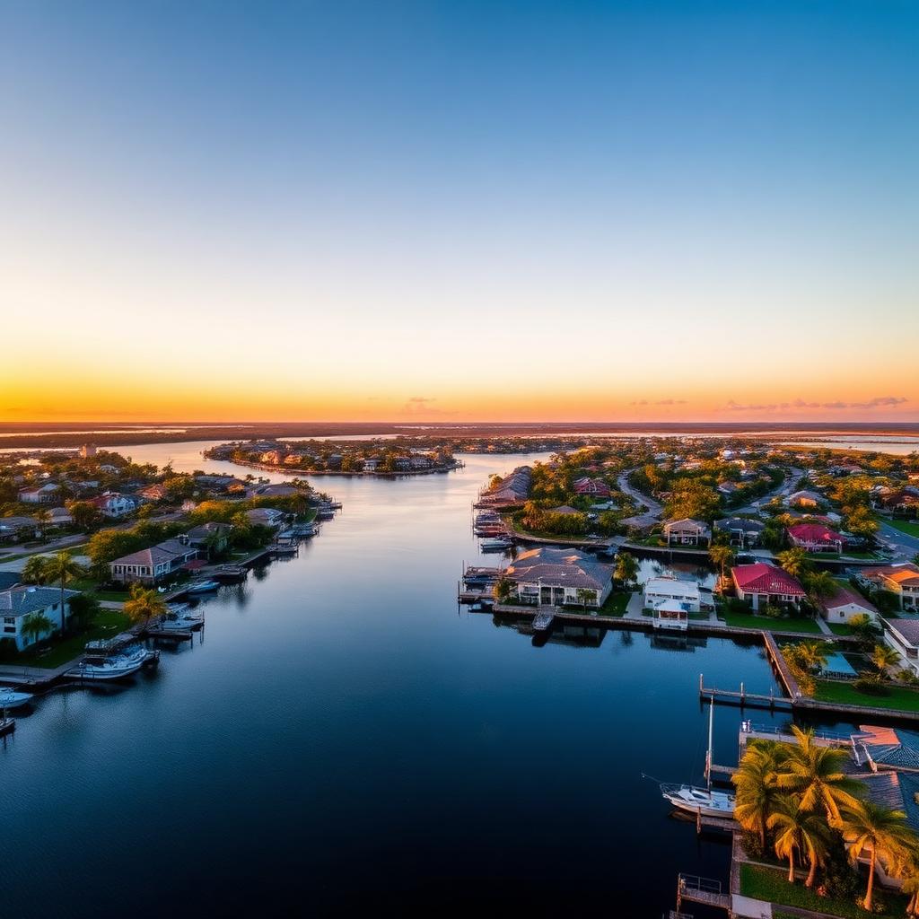 Aerial twilight view of Cape Coral waterfront homes and canals