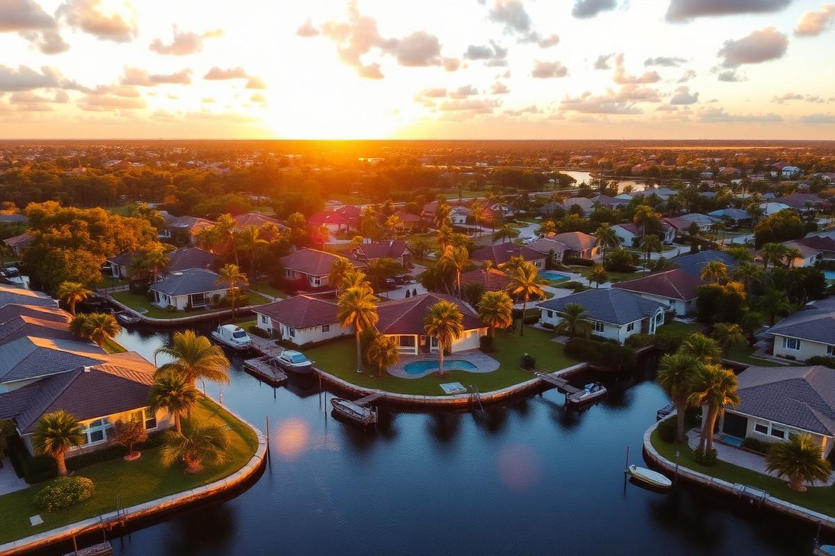 Aerial golden hour view of a Cape Coral waterfront canal neighborhood in summer