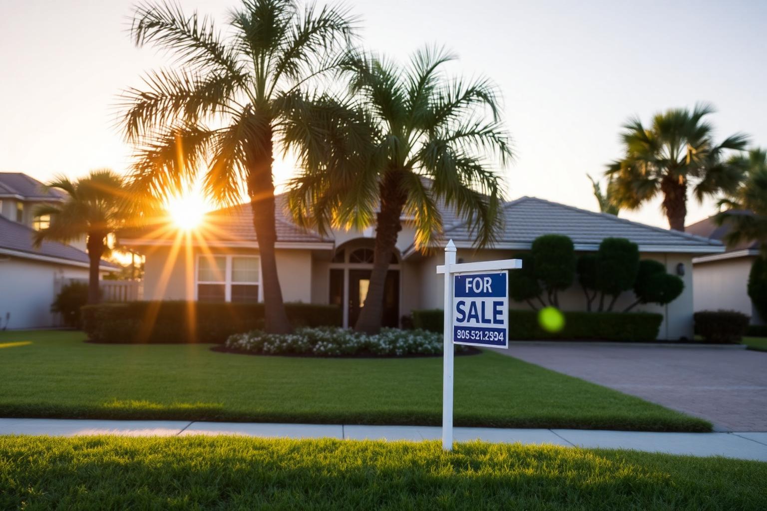 Cape Coral home with a for-sale sign in the front lawn at golden hour