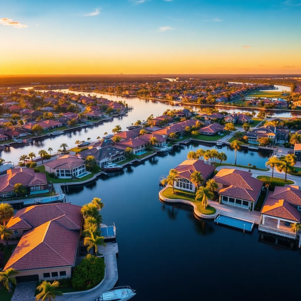 Aerial golden hour view of Cape Coral waterfront homes and canal system