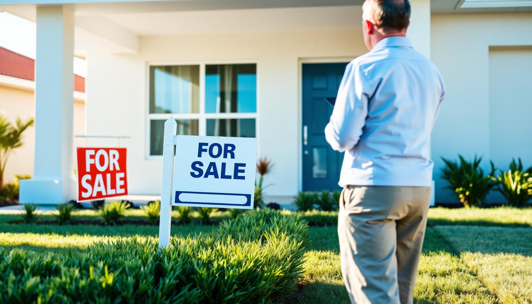 Real estate agent placing a For Sale sign in a manicured Cape Coral front yard