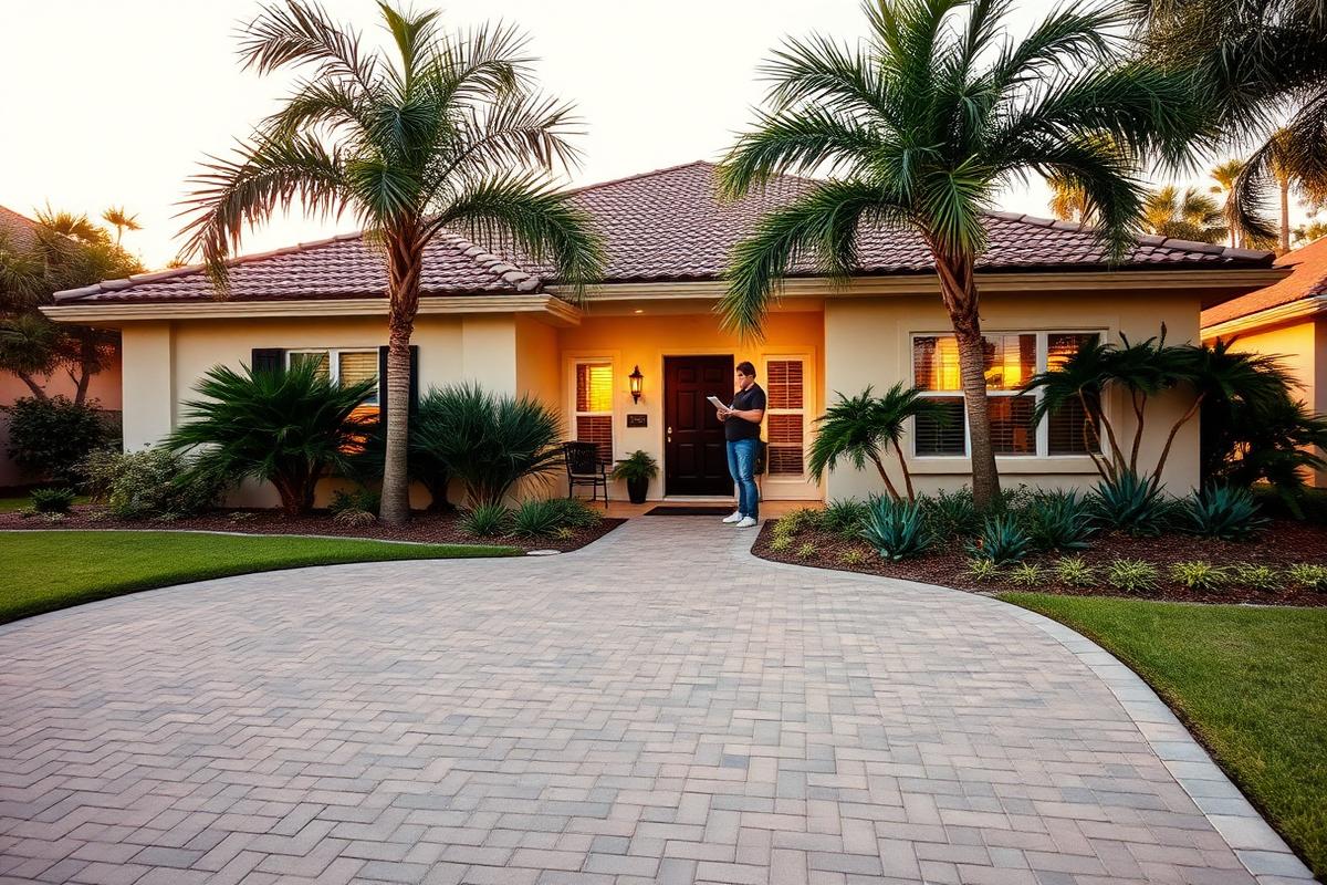 Cape Coral single-family home at golden hour with a homeowner thoughtfully reviewing paperwork on the front porch