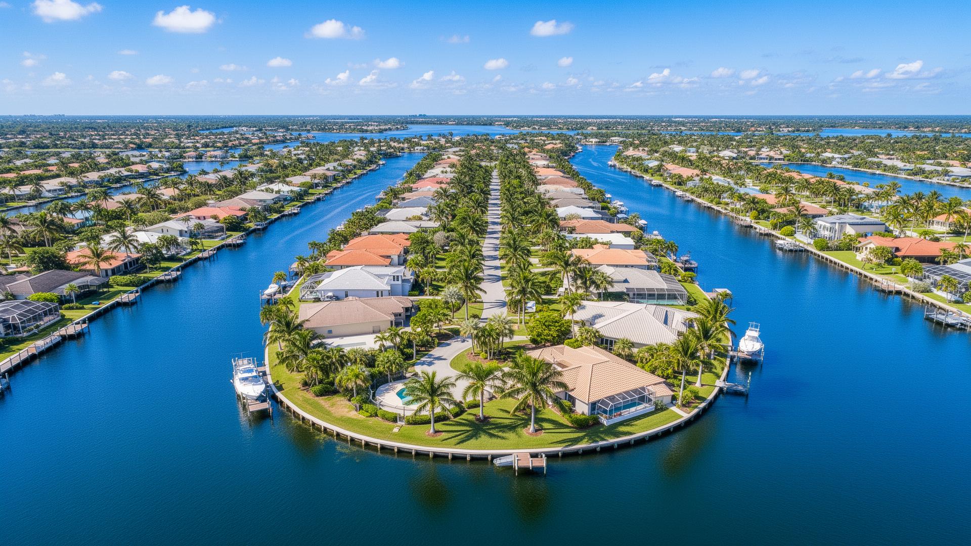 Aerial view of Cape Coral waterfront homes and canal system